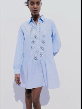 ZARA Cutwork Eyelet Embroidery Drop Waist Pocket Mini Button-Front Shirt Dress